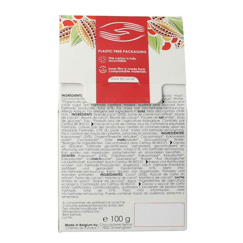 Belvas Chocolade 100 Gram Belvas Kokos rocher bio 100 Gram