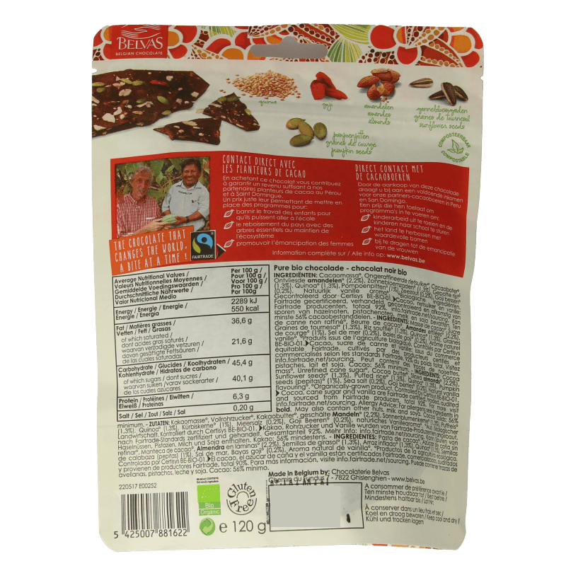 Belvas Chocolade 120 Gram Belvas Thins puur goji amandel bio 120 Gram