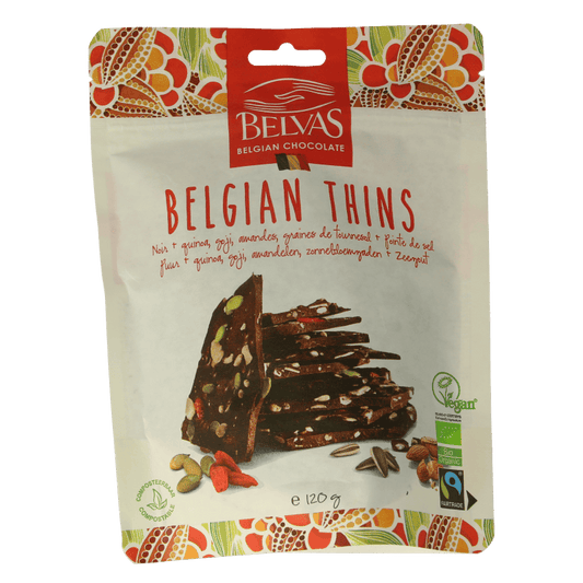 Belvas Chocolade 120 Gram Belvas Thins puur goji amandel bio 120 Gram