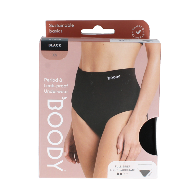 Black Boody menstrual underwear in size XS, light/normal absorption, showing the snug fit and soft fabric of the product.