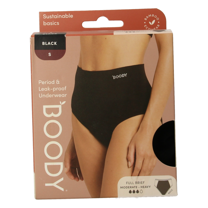 Black Boody menstrual underwear bikini slip for men, size small, shown as a comfortable, natural-fit underwear in the image.