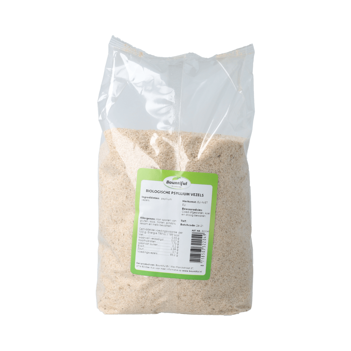 Bountiful Psyllium Vezels Bio 500g, natural dietary fiber supplement with enzymatic blend in a resealable bag.