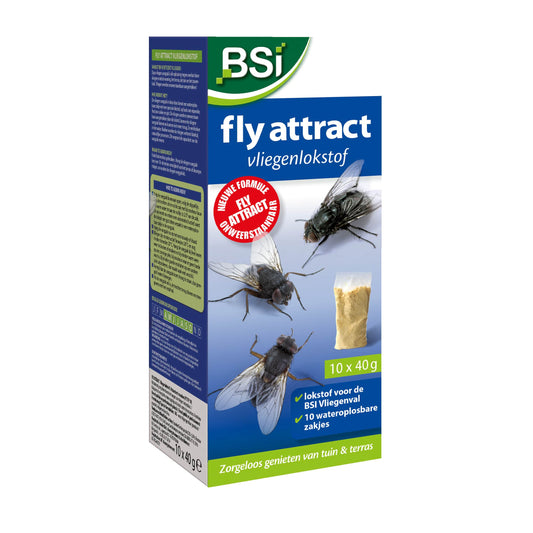 BSI Fly attract vliegenlokstof in 10x40 gram packs, designed for household insect control and fly trapping.