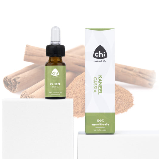 Chi Kaneel Cassia essential oil in 10ml bottle from Chi, showing the dark amber glass and label of the aromatic oil.