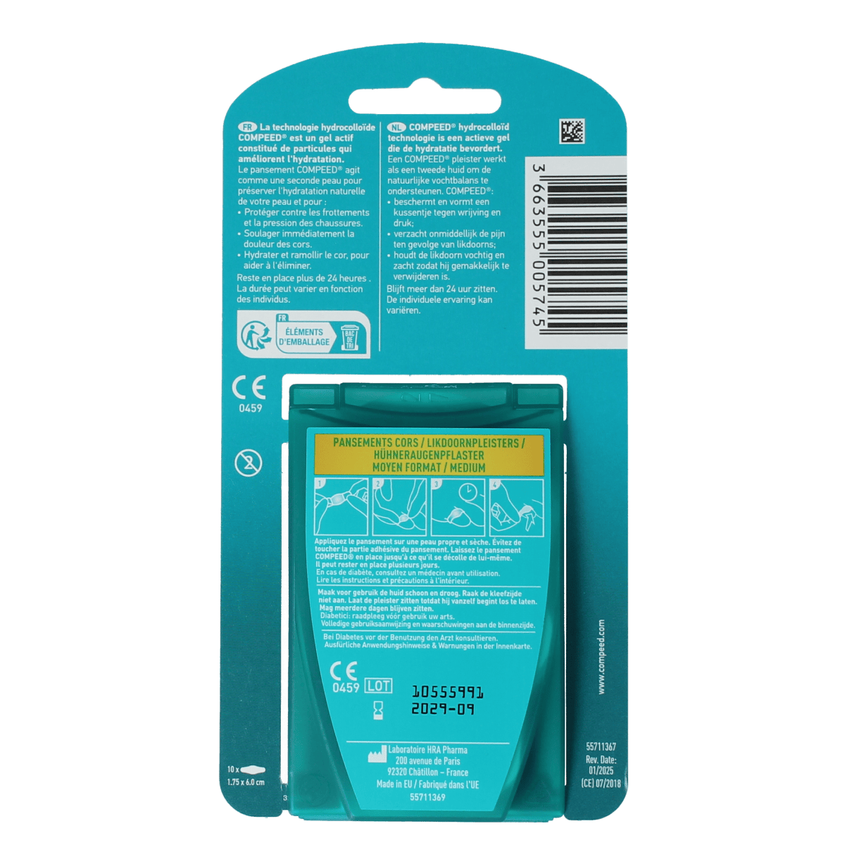 Compeed Likdoornpleister medium for foot care, pack of 10, designed to relieve calluses and protect blisters on feet.