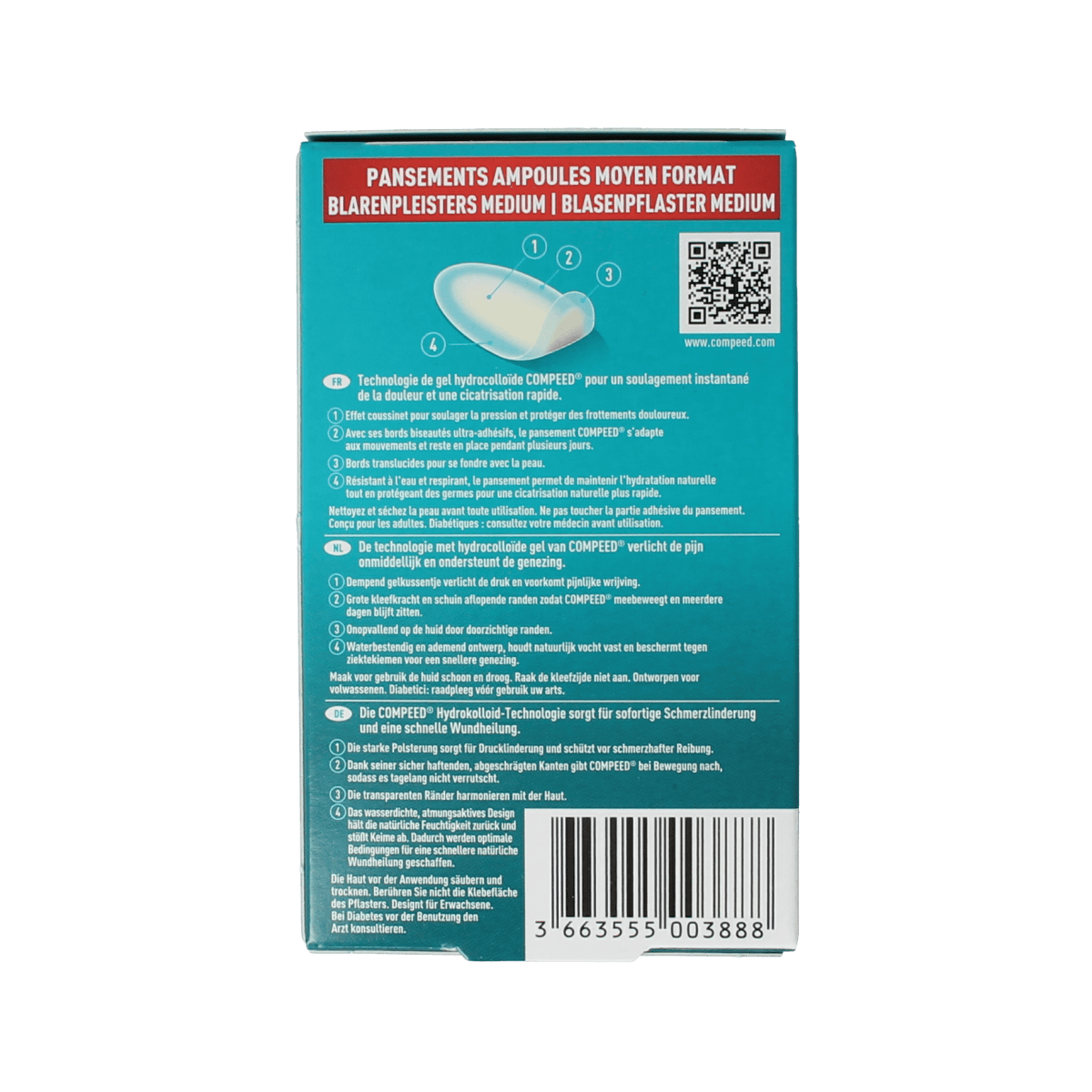 Compeed Blarenpleister medium-sized blister plaster for foot care, shown in a box with six pieces for effective blister protection.