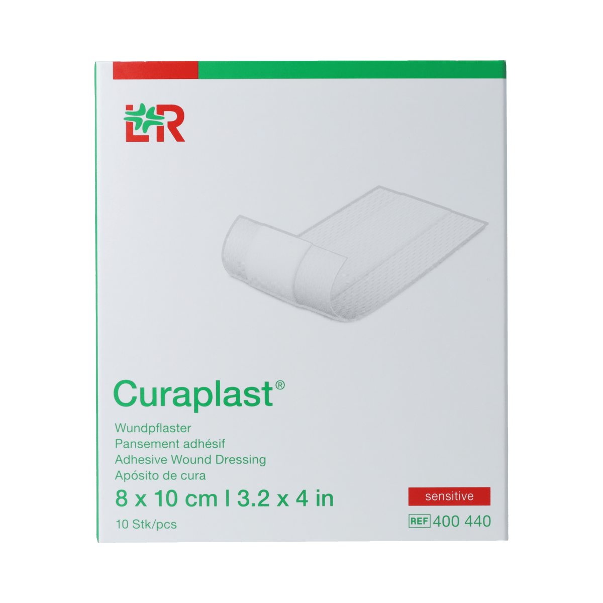 Curaplast Sensitive wound dressing patches, 8cm x 10cm, pack of 10, soft and skin-friendly for sensitive skin.