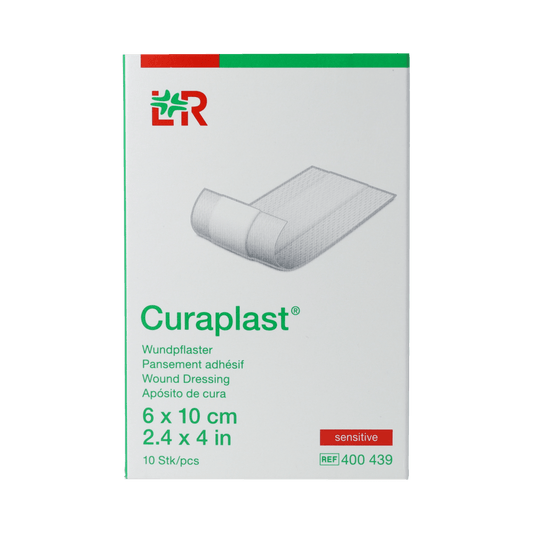 Curasept Sensitive wound dressing plasters, 10cm x 6cm, pack of 10, for sensitive skin, adhesive bandages and tape.