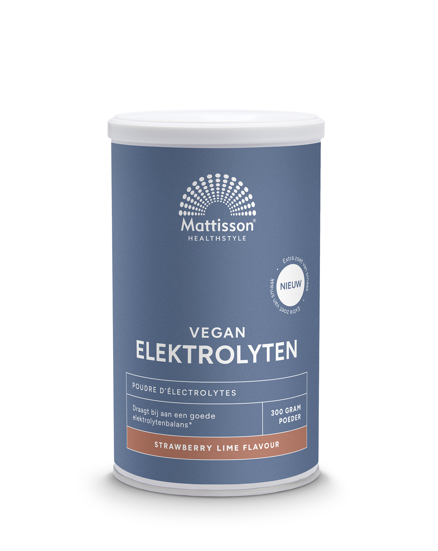 Mattisson Elektrolyten Poeder Strawberry Lime sportvoeding in 300g container, with strawberry lime flavor and vibrant packaging.