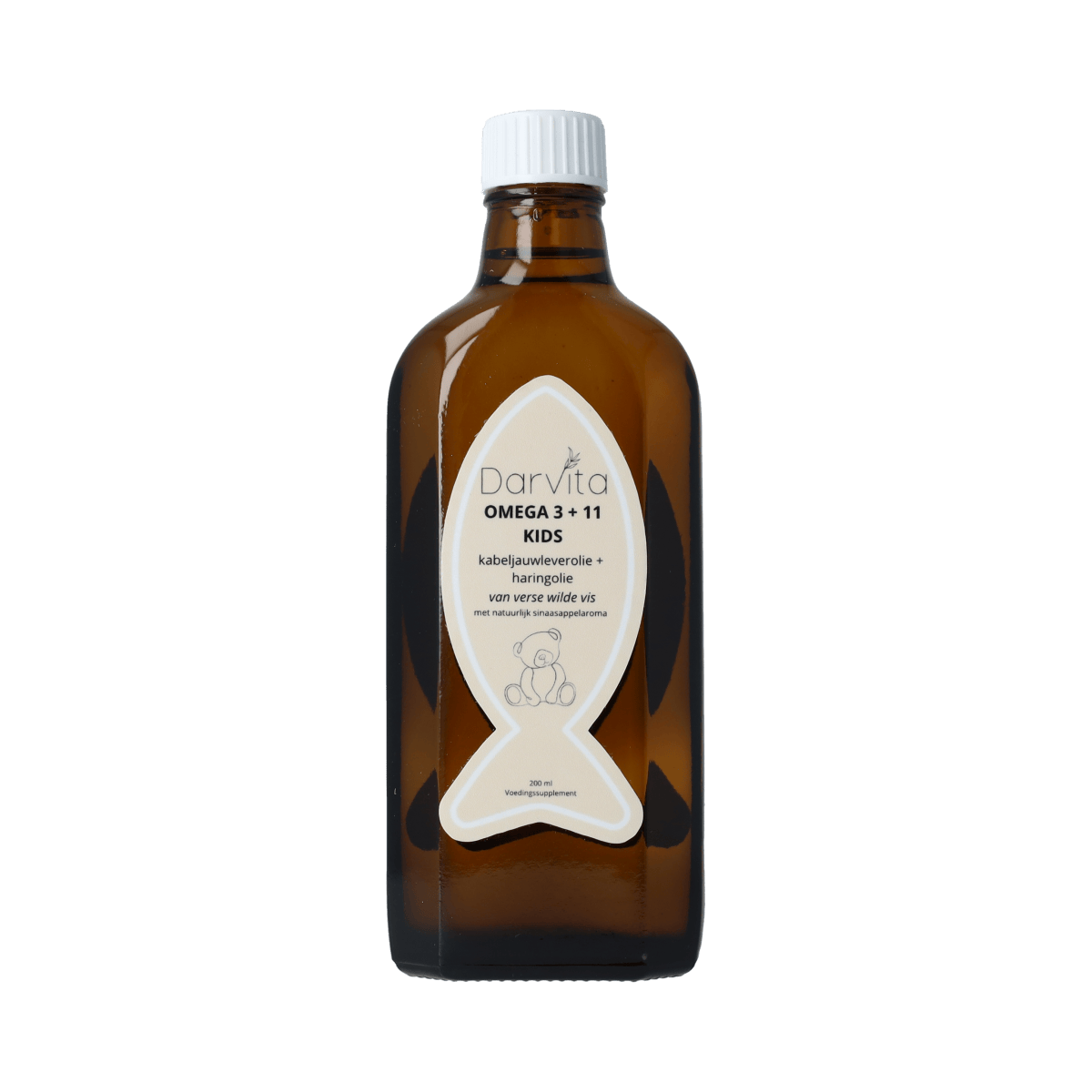 Darvita Omega 3+11 Vetzuren for Kids, 200ml bottle with orange liquid supplement, designed for children's health and nutrition.
