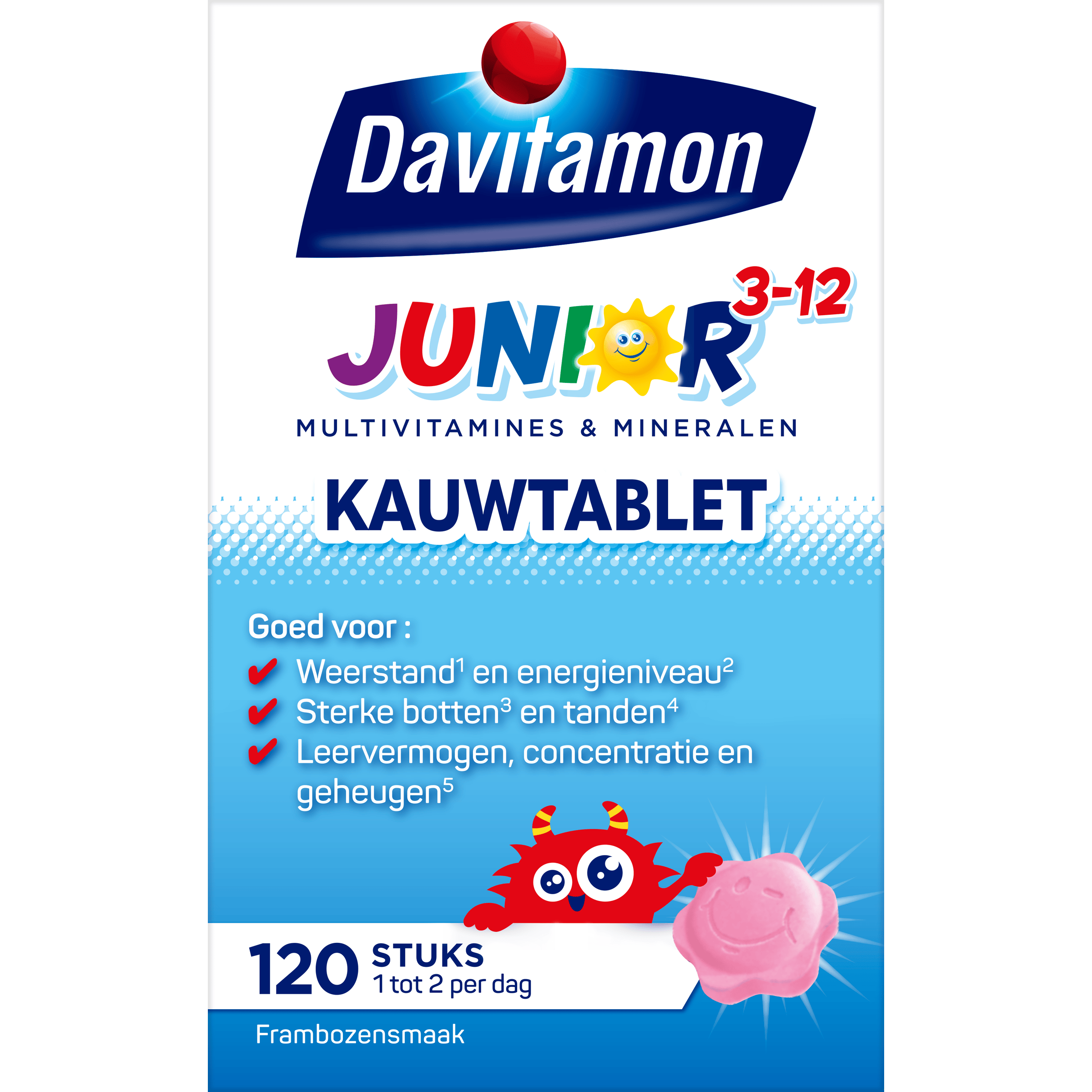Davitamon Vitamine Multi 120 Kauwtabletten Davitamon Junior 3-12 framboos 120 Kauwtabletten