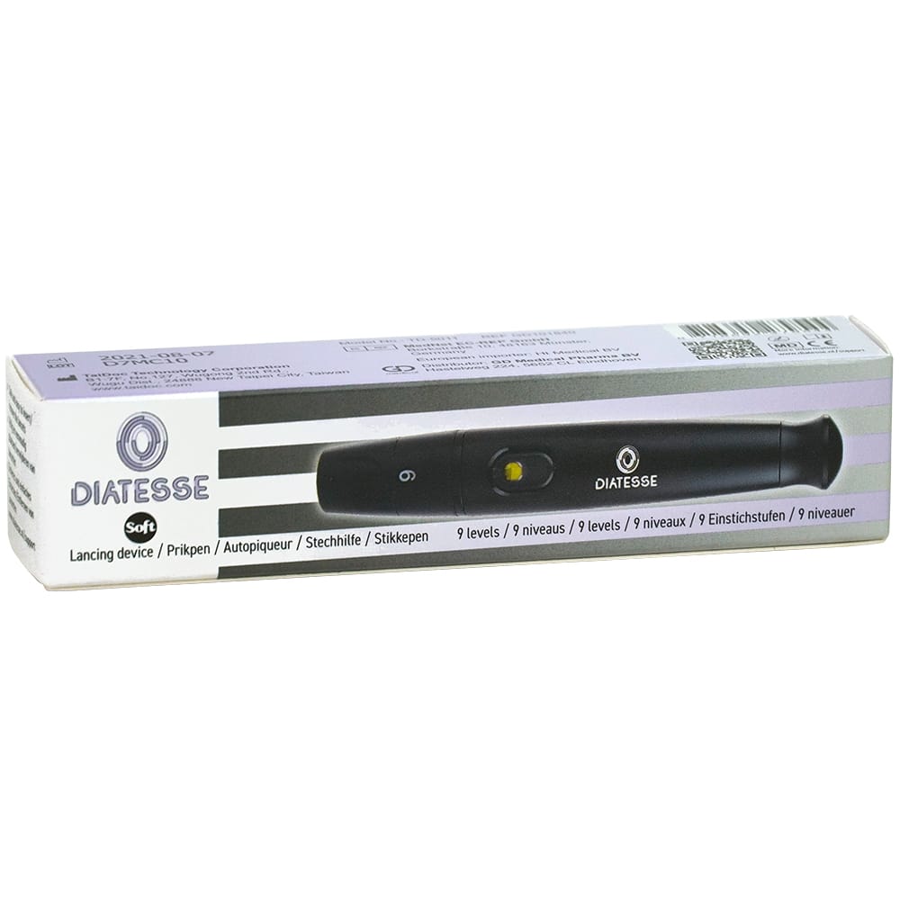 Diatesse soft blood sampling pen for self-testing, single pack of 1.00 units, in unopened packaging.