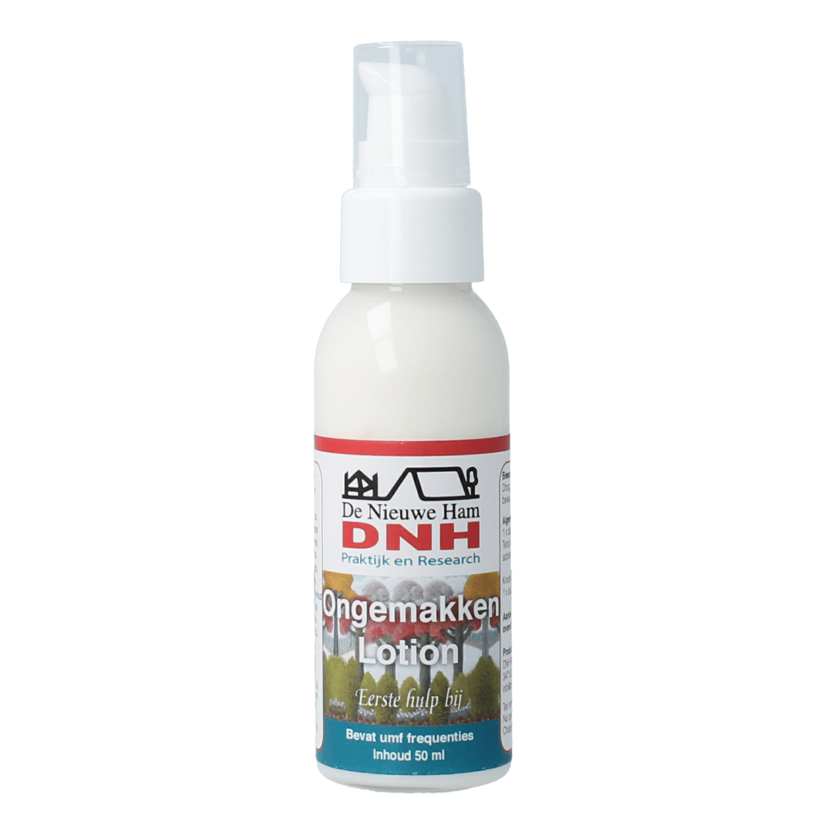 DNH Ongemakken lotion 50ml, a body care product with soothing ingredients displayed in a clear bottle.
