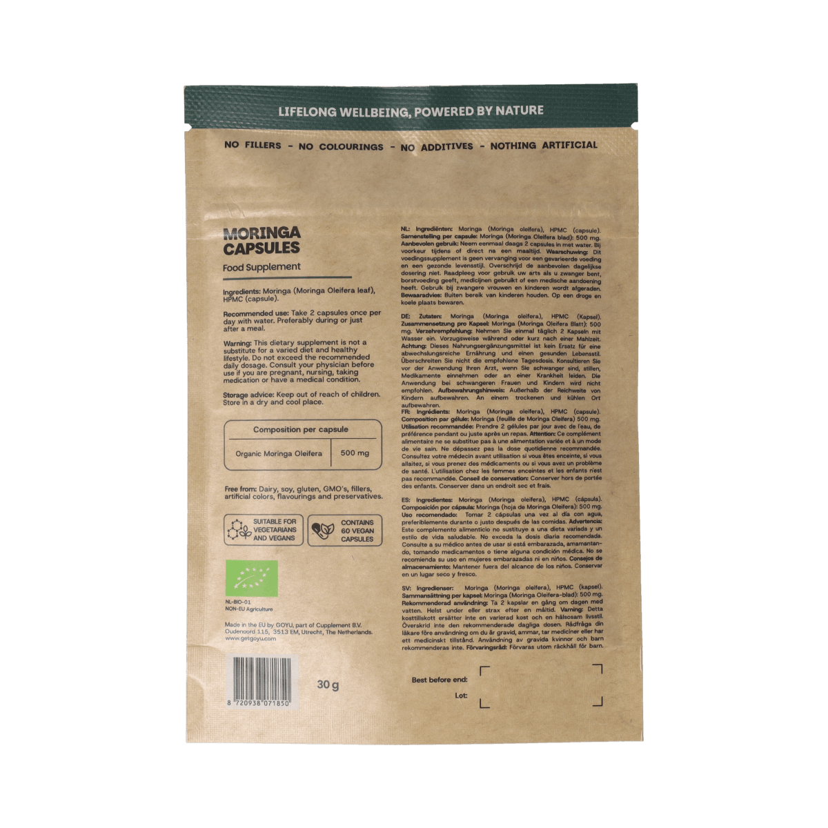 Goyu Voedingssupplementen en Kruidenpreparaten 60.00 Vegetarische capsules Goyu Moringa oleifera 500mg bio 60.00 Vegetarische capsules