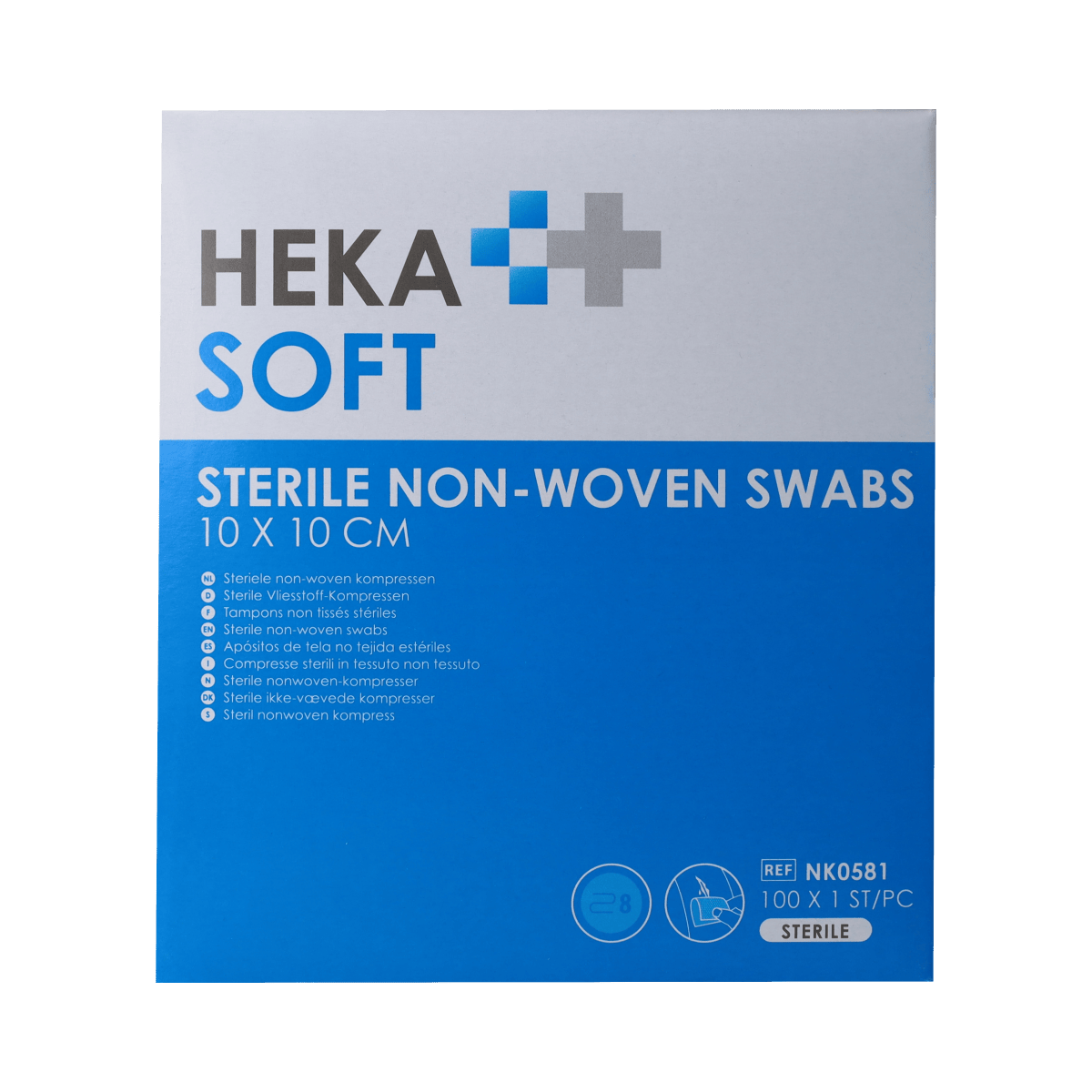Heka Soft non-woven gauze compresses 10x10cm, pack of 100 sterile medical gauze pads for wound care and dressing.