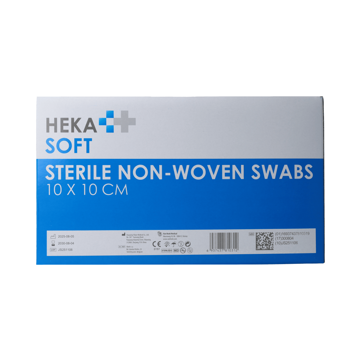 Heka Soft non-woven gauze compresses 10x10cm, pack of 100 sterile medical dressings for wound care.