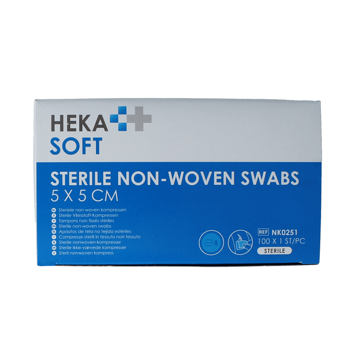 Heka Soft non-woven sterile compress 5x5 cm, pack of 100 sterile gauze pads for medical use, displayed in a medical setting.
