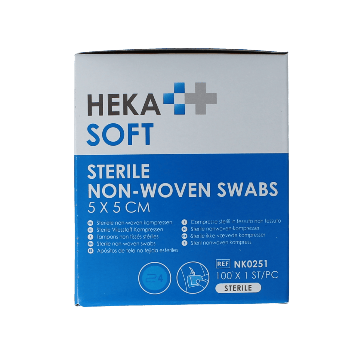 Heka Soft sterile non-woven compresses 5x5 cm, pack of 100 for wound care, with soft, breathable material.