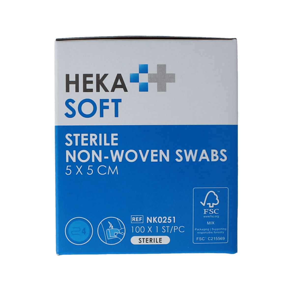 Heka Soft non-woven sterile compress 5x5 cm, shown in a box with multiple individual sterile gauze compresses.
