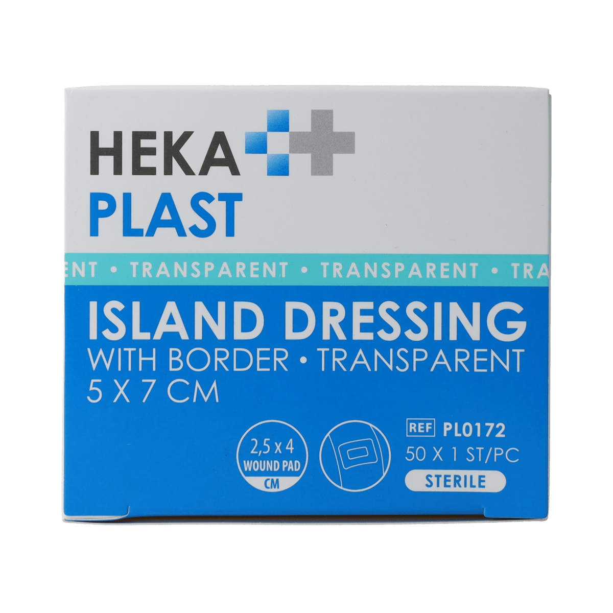 Transparent Hekaplast Border adhesive bandages, 5cm x 7cm, shown in a box of 50 for wound care and protection.