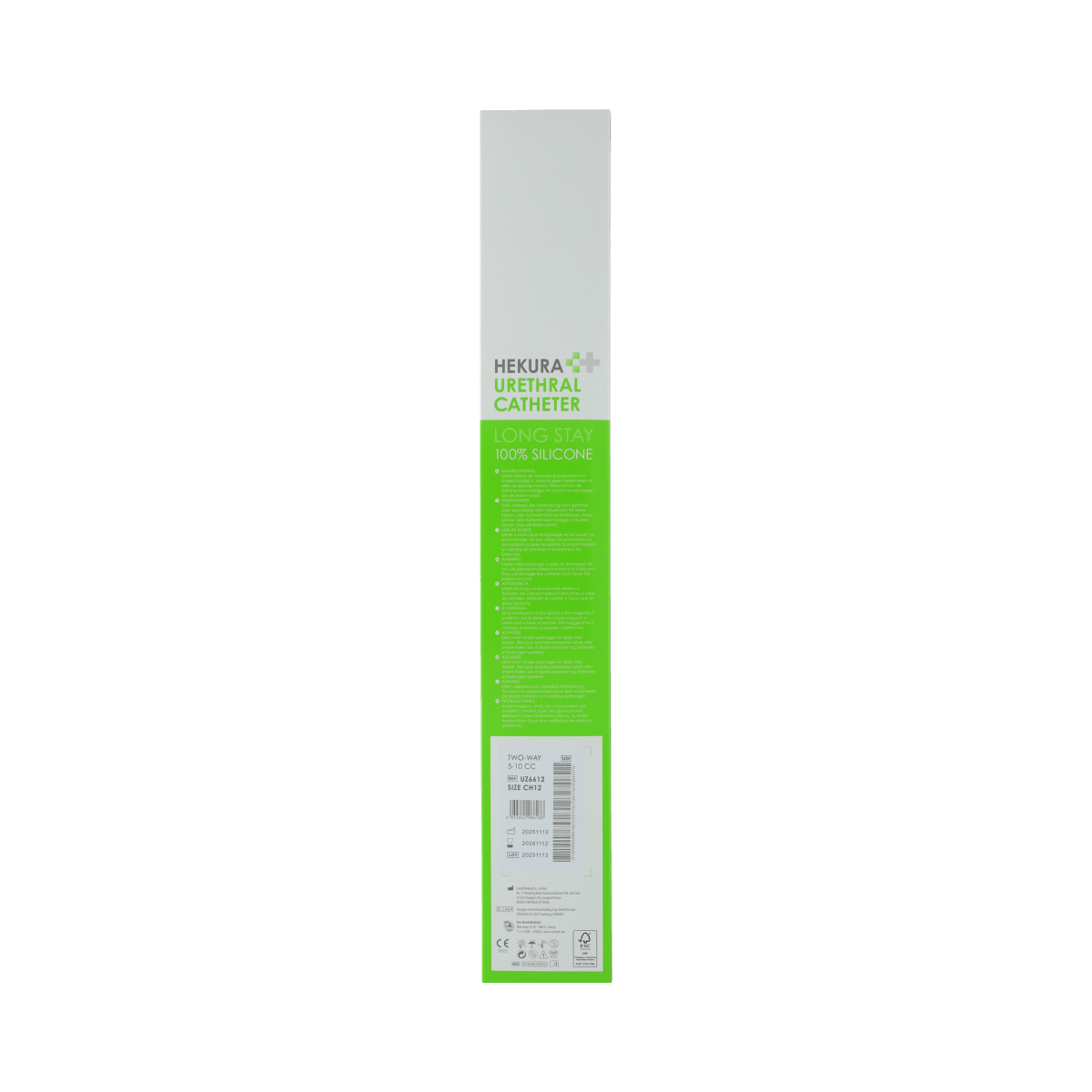 Hekura silicone catheter CH12 for urinary use, 1.00 size, shown in the image with clear tubing and sterile packaging.