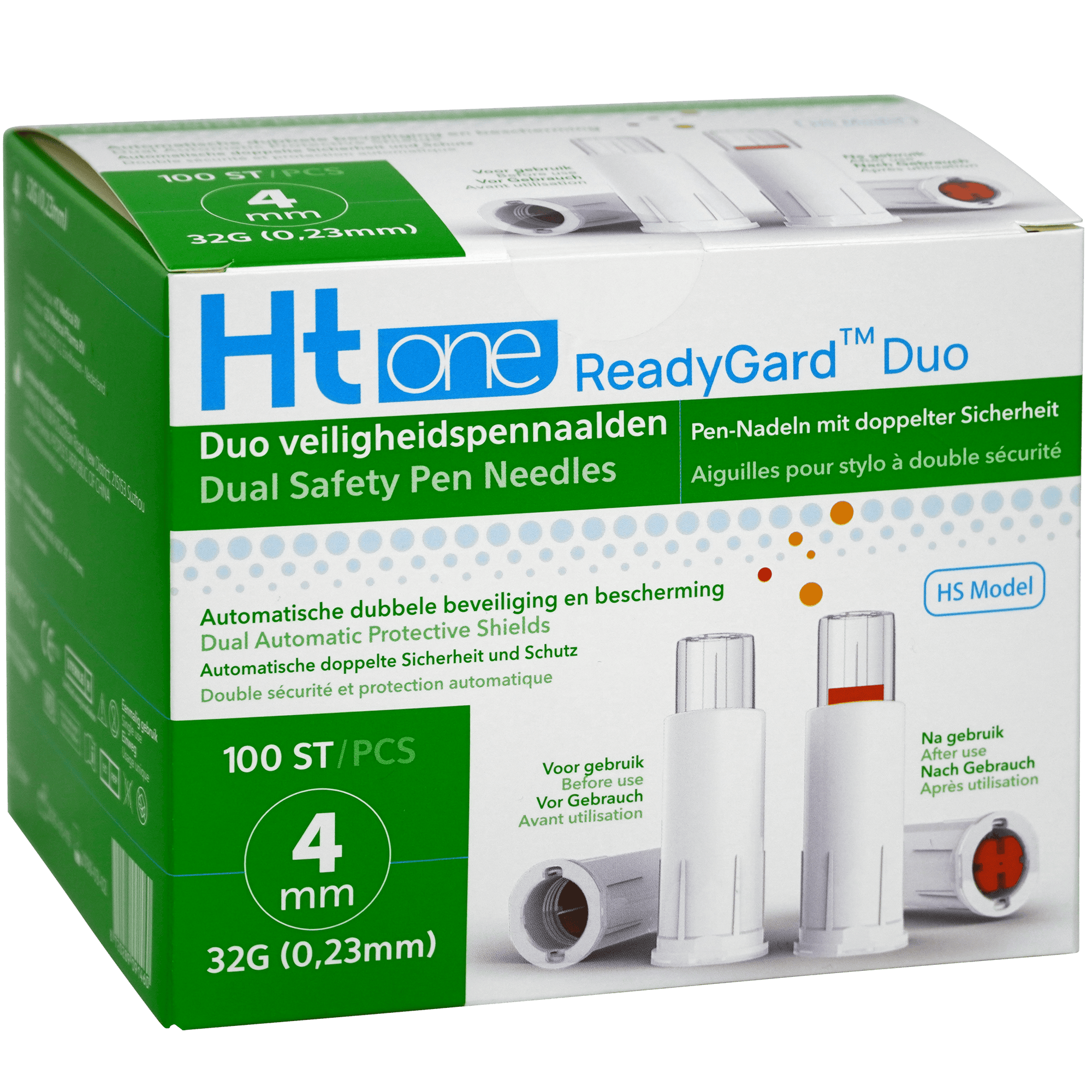 HT One ReadyGard Duo safety lancet needle, 32G, 4mm, pack of 100 for blood sampling, medical use, high safety features.