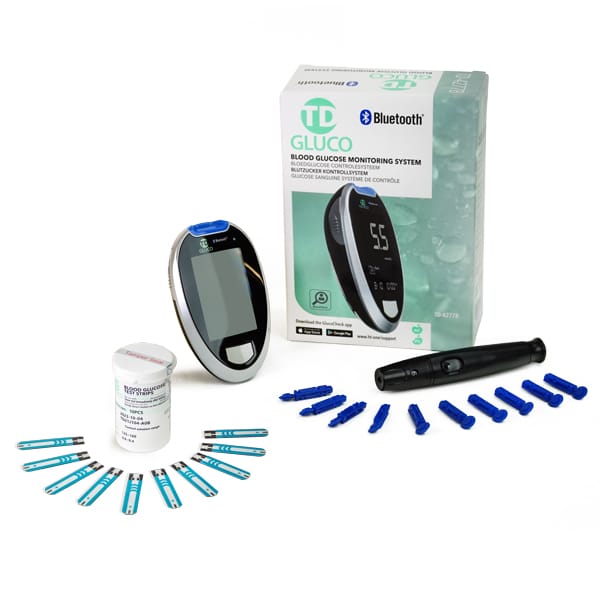 HT One TD Gluco self-test set with 10 glucose test strips, showing packaging and test strips for blood sugar measurement.