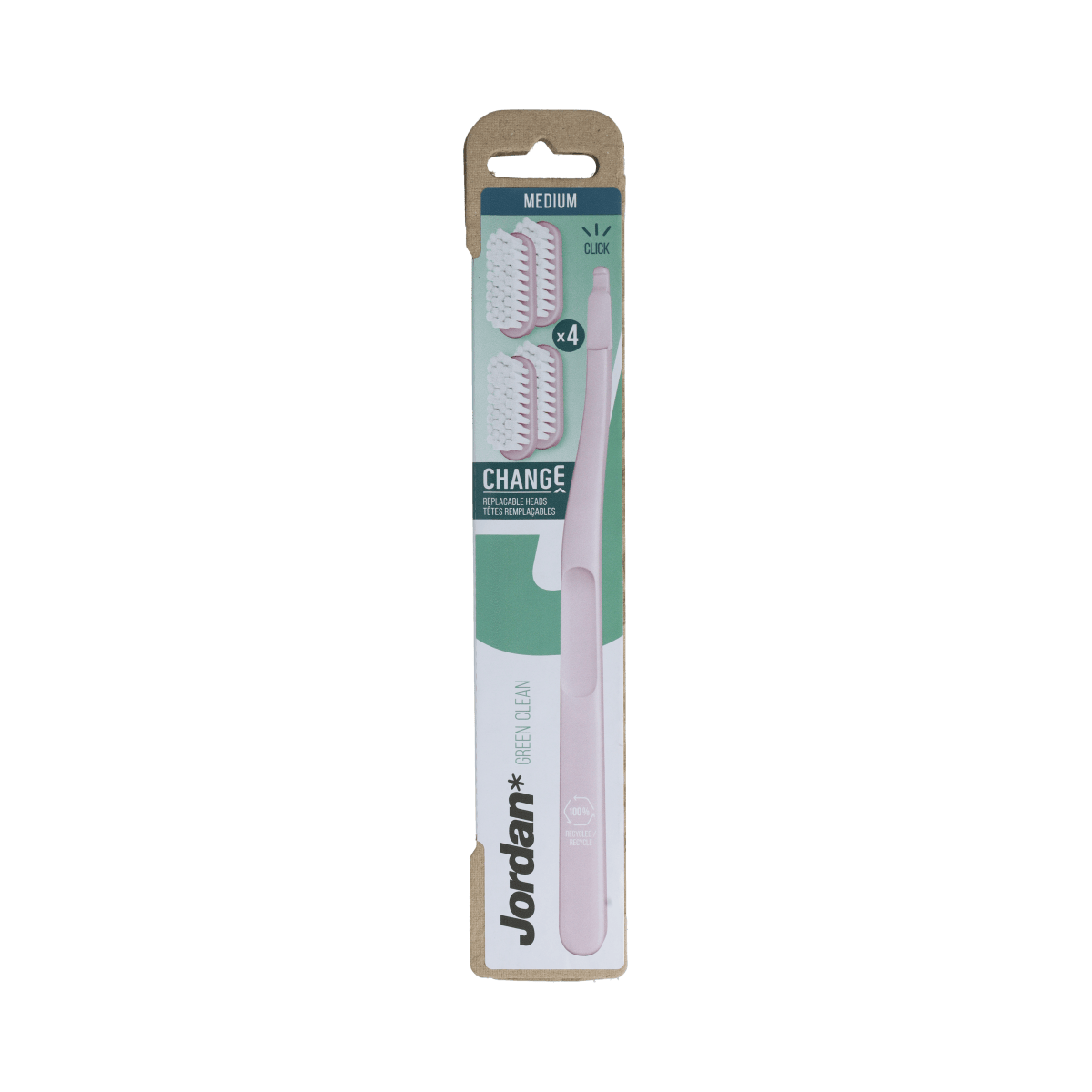 Set of four Jordan Green Clean Change Medium toothbrushes for effective oral hygiene, with green handles and soft bristles.