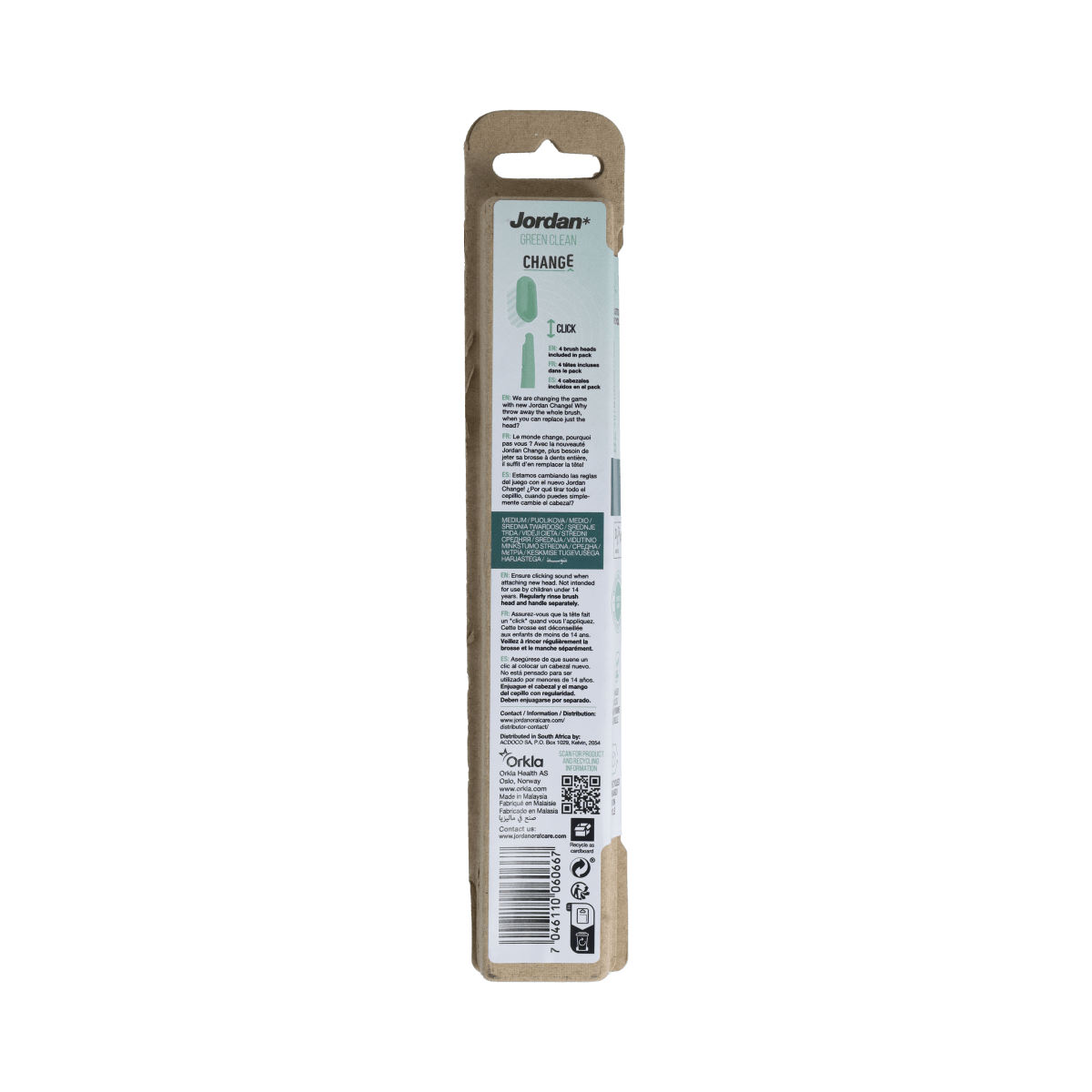 Set of four Jordan Green Clean Change Medium toothbrushes, natural green handles for effective oral hygiene.