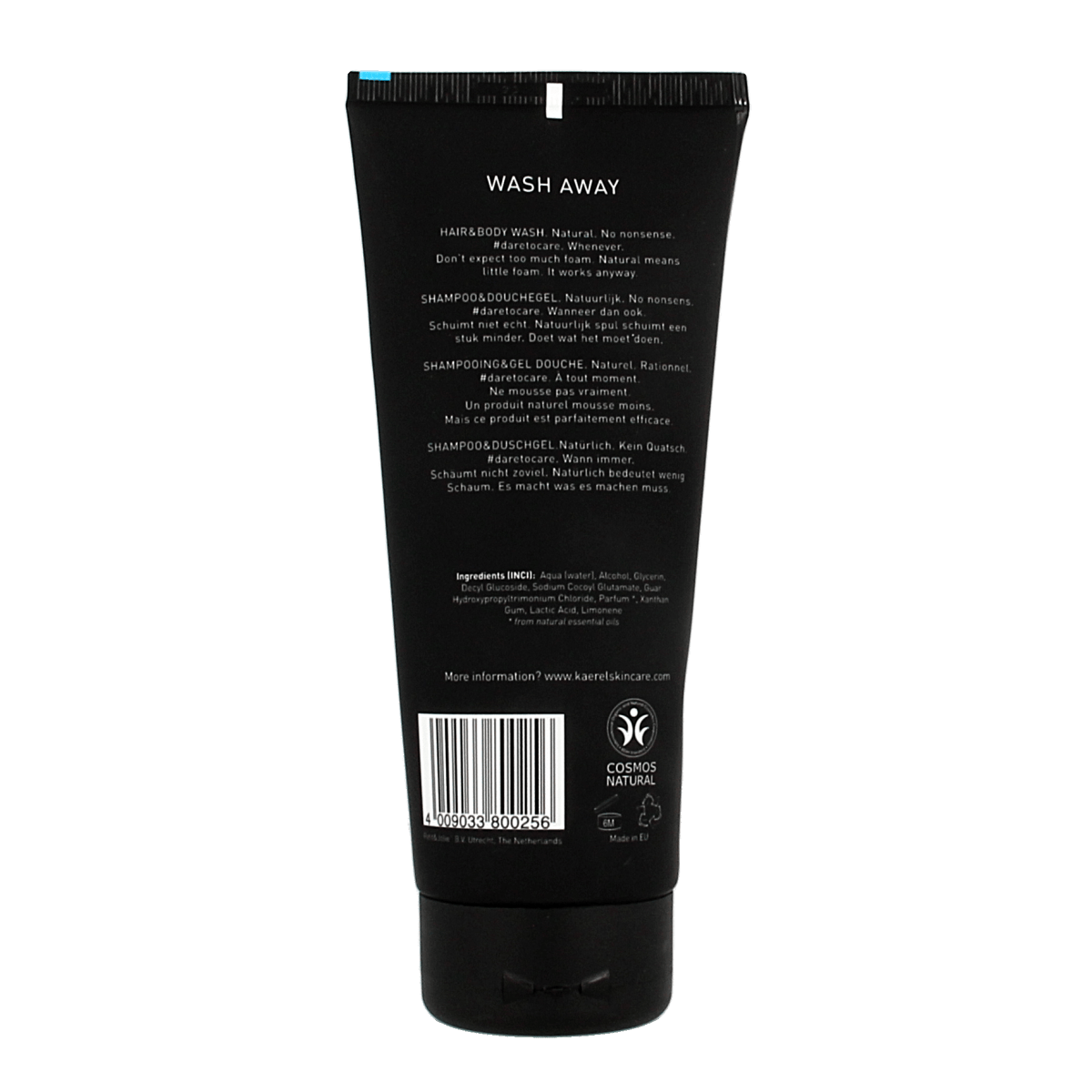 Kaerel shampoo and douchegel skin care bottle, 200ml, with a sleek design for nourishing bath and shower use.
