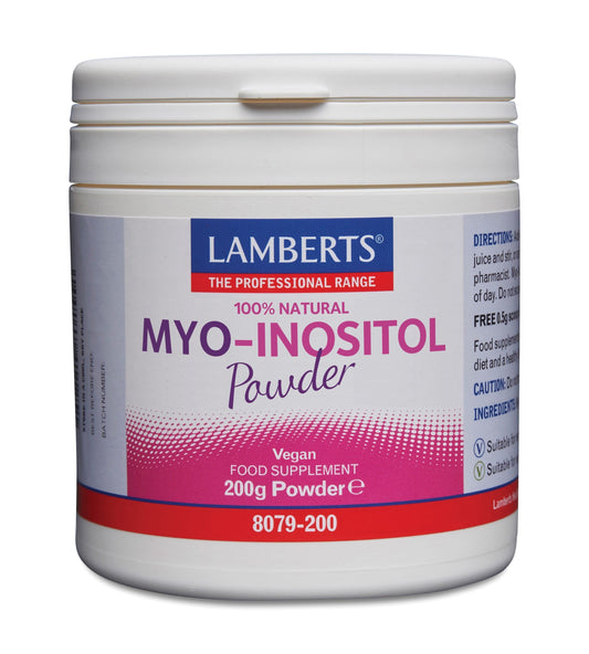 Lamberts Myo-inositol 200g vitamin supplement container with label showing product name and brand.