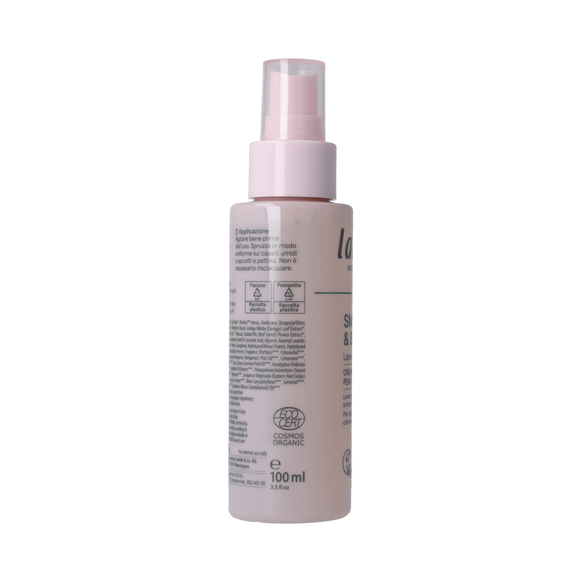 Lavera Hair Leave-in Spray in 100ml, a hair care product in a clear spray bottle, designed to nourish and detangle hair.