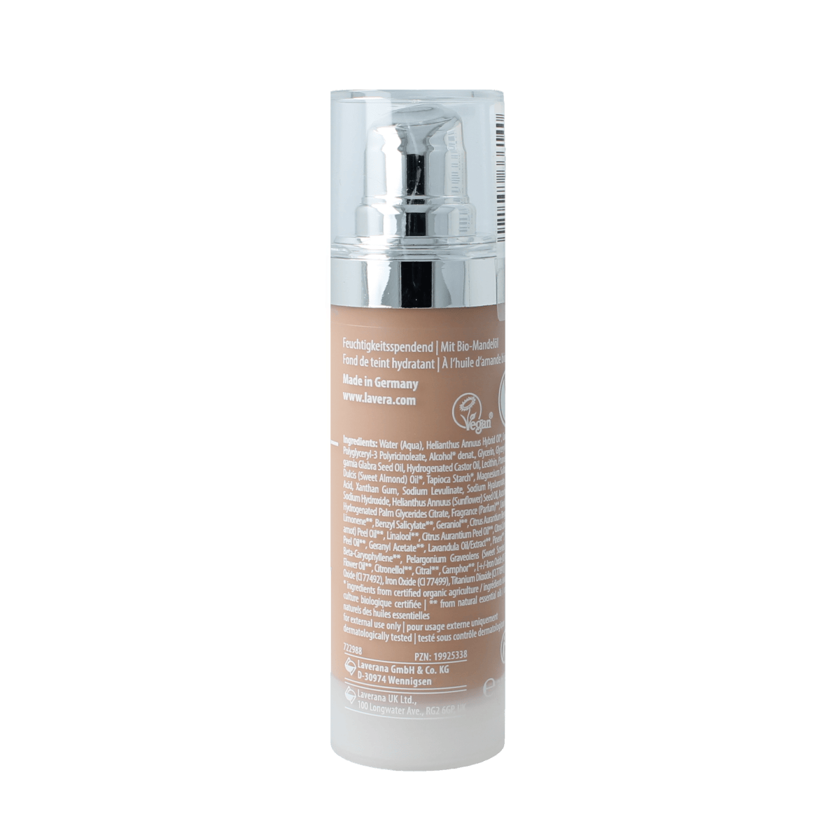 Lavera Hyaluron Liquid Foundation in Cool Beige 4.5, 30ml, with smooth liquid makeup texture and natural finish.