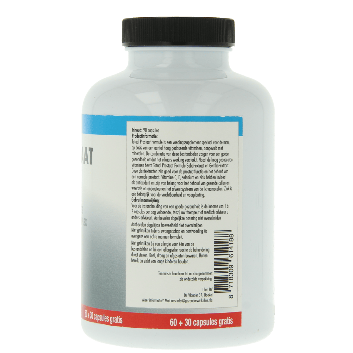 Libra Totaal Prostaat herbal supplement capsules in a bottle, herbal remedies for prostate health, 90 capsules.