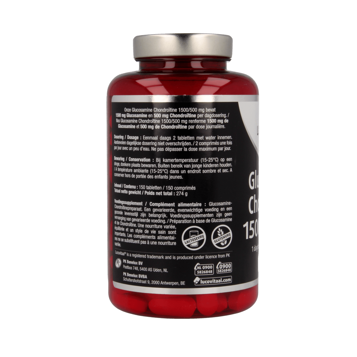Lucovitaal Glucosamine Chondroitine mineralen supplement in a bottle of 150 tablets, showing the supplement packaging and tablets inside.