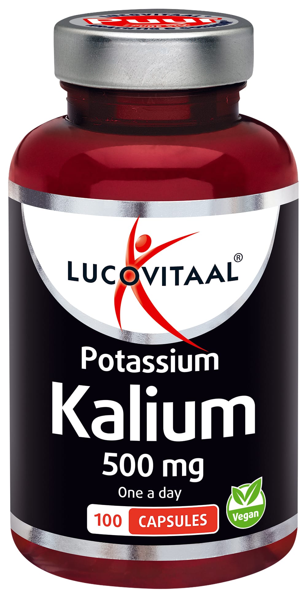 Lucovitaal Kalium Puur 500mg capsules, dietary supplement with 100 capsules, natural potassium supplement for health support.