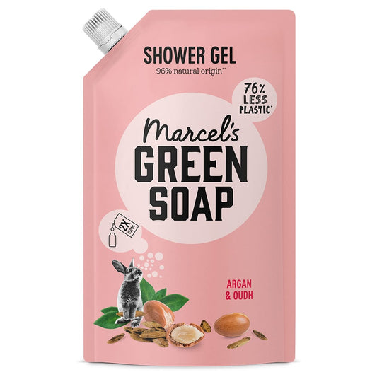 Marcel's Green Soap Argan & Oudh shower gel refill, 500ml, in a clear plastic bottle with a pump dispenser.