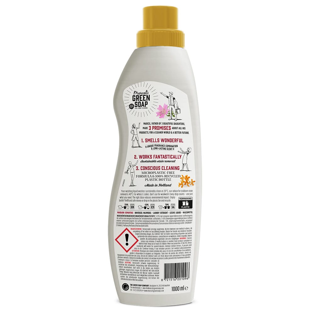 Marcel's Green Soap Wasmiddel Mandarin & Osmanthus 1000ml bottle, eco-friendly laundry detergent with fresh citrus and floral scent