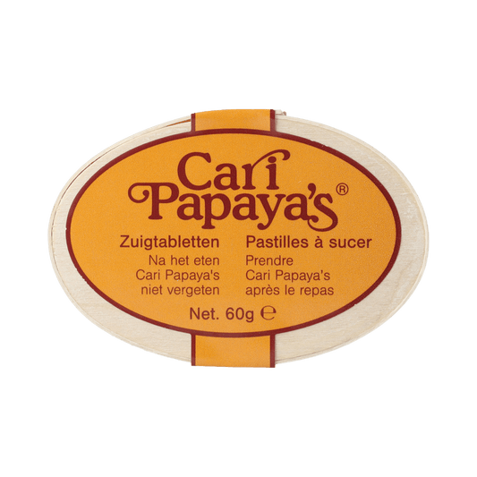 Marma Cari Papaya Vezels en Enzymen supplement in a bottle of 60 tablets, designed for digestive health.