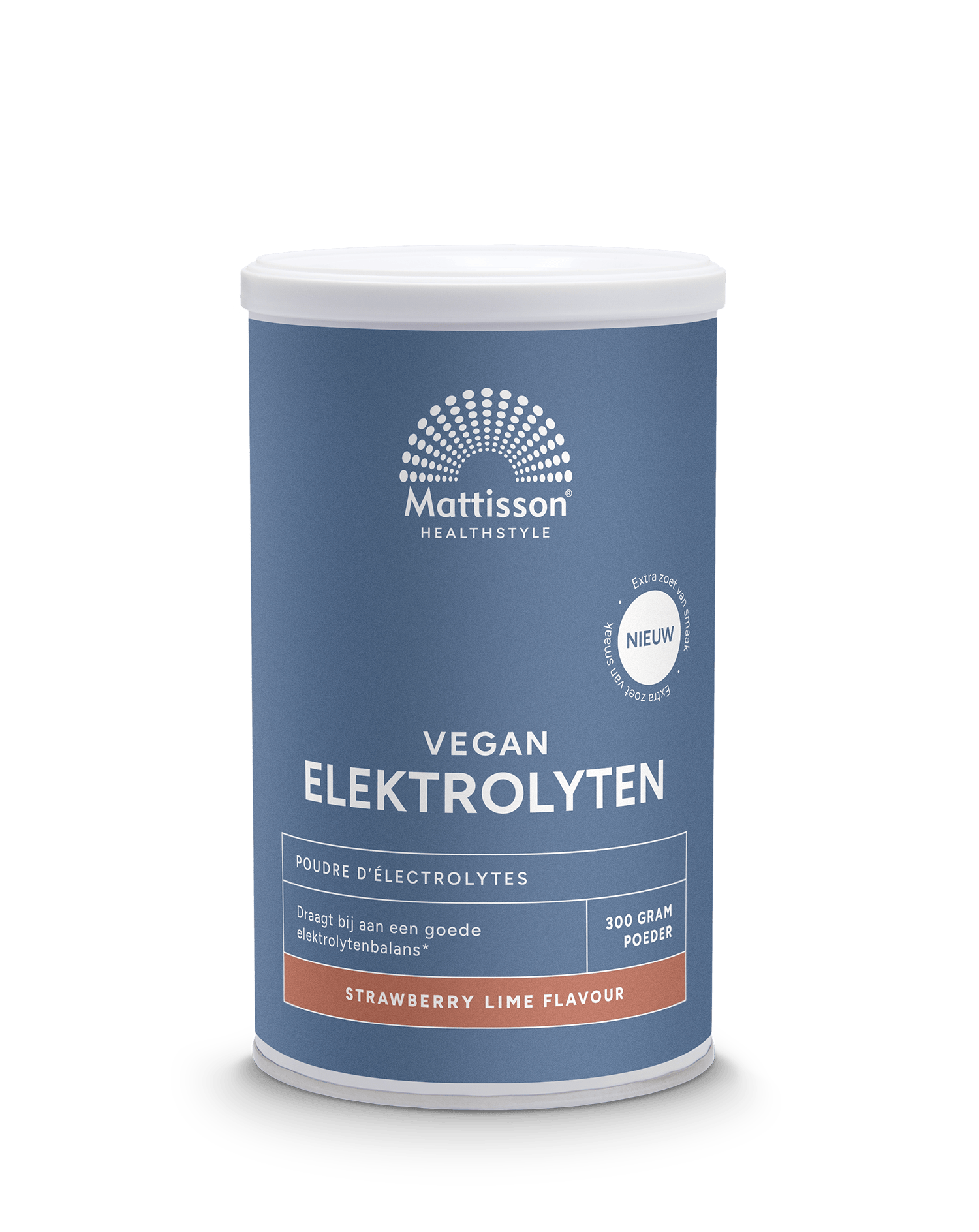Mattisson Elektrolyten Poeder Strawberry Lime 300g, sportvoeding supplement with strawberry lime flavor, in a resealable pouch.