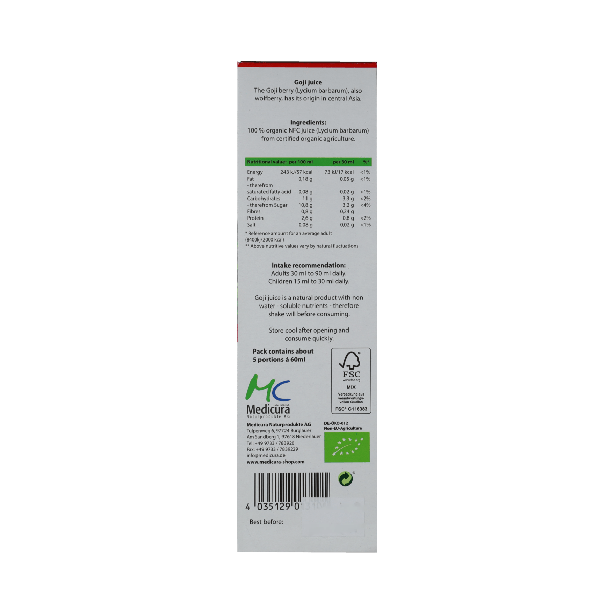 Medicura Dranken en Sappen 330.00 Milliliter Medicura Goji 100% sap bio 330.00 Milliliter