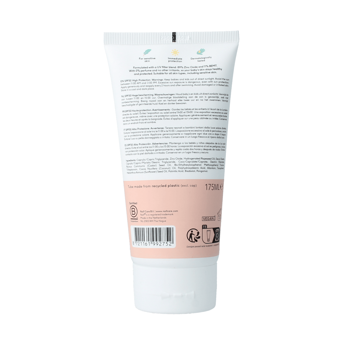 Naif Naif Zon Baby & Kids Mineral Sunscreen Cream SPF50 in a 175ml tube, suitable for sensitive skin and gentle sun protection.