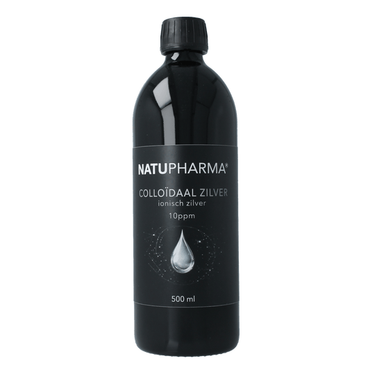 Natupharma ionisch zilverwater 10ppm, 500ml, mondverzorging product with clear liquid in a white bottle.