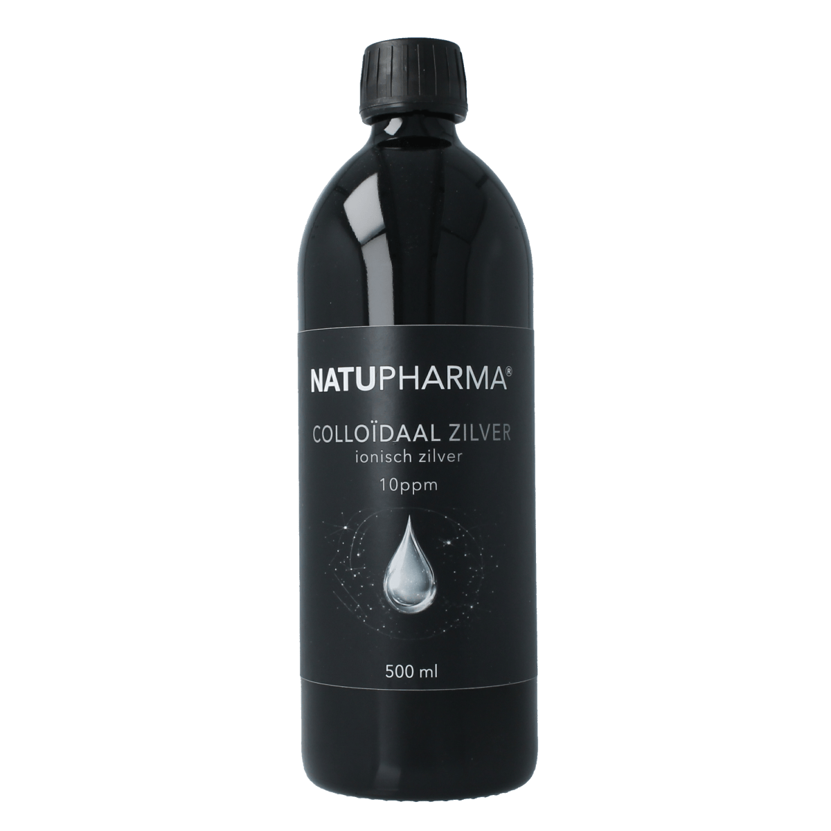 Natupharma Ionisch Zilverwater 10ppm 500ml, mondverzorging product with clear liquid in a bottle.