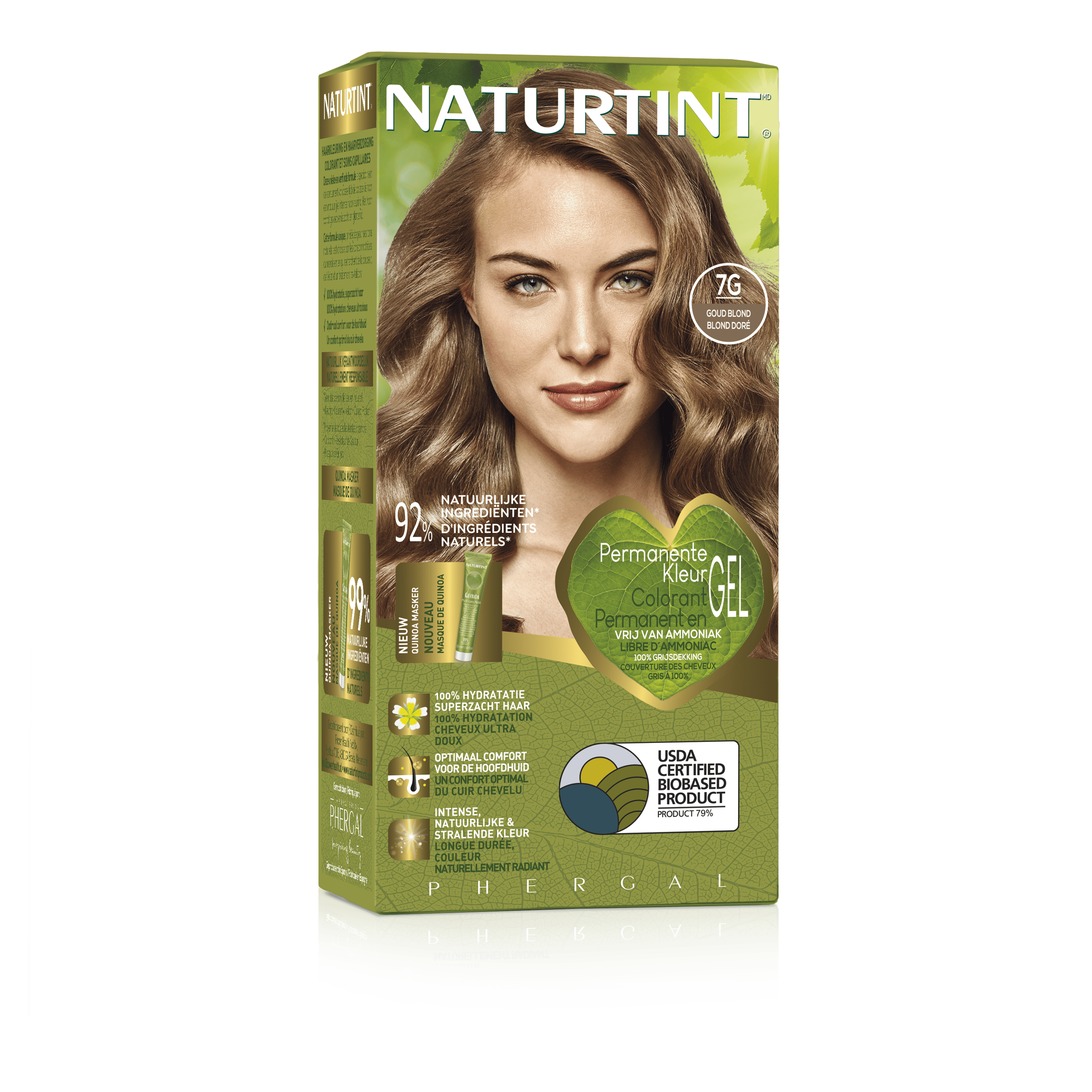 Naturtint 7G Goudblond hair coloring tube, 170 ml, showing the Naturtint brand and golden blonde shade.