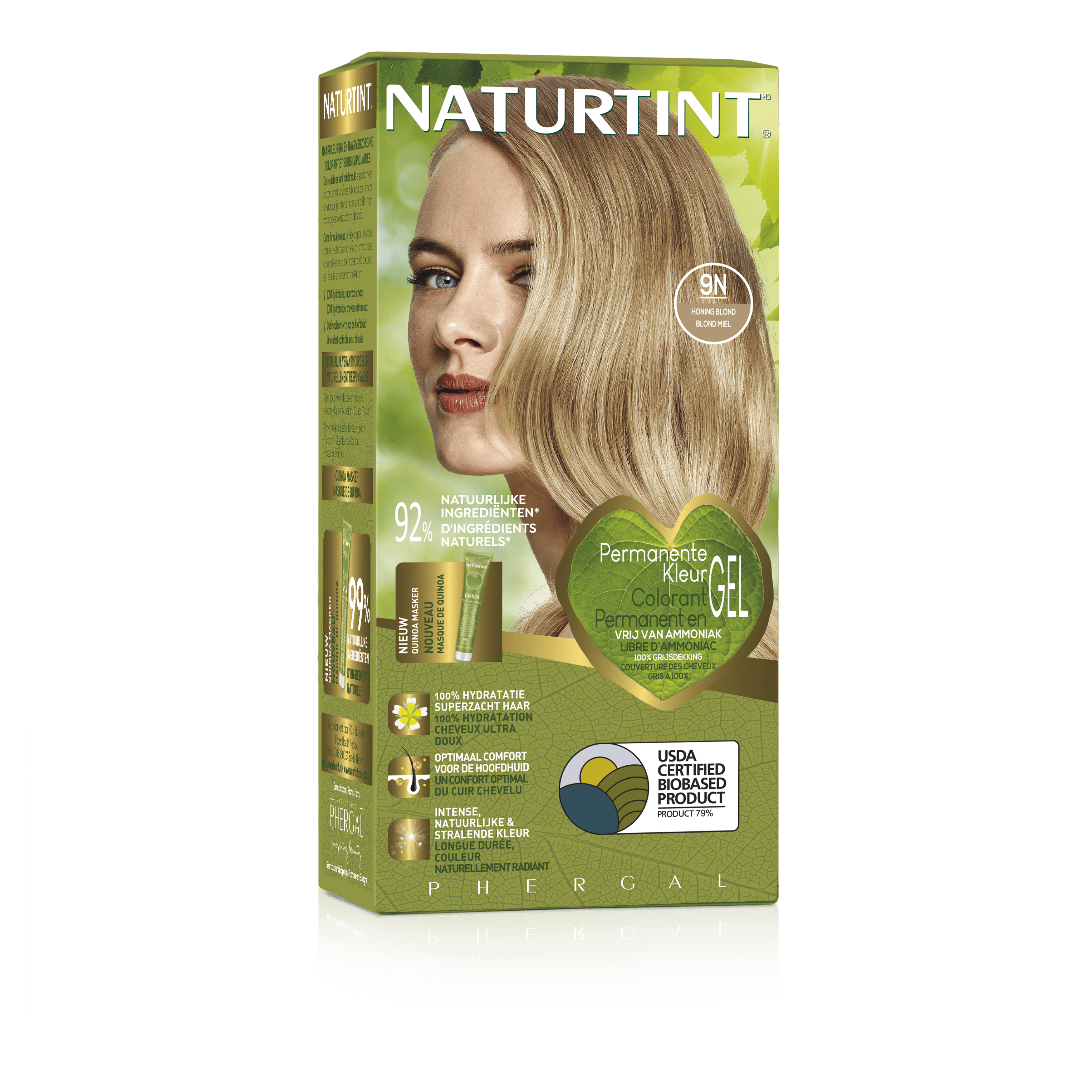 Naturtint 9N Honingblond hair coloring tube, 170ml, natural hair dye product with blonde shade, detailed packaging visible.