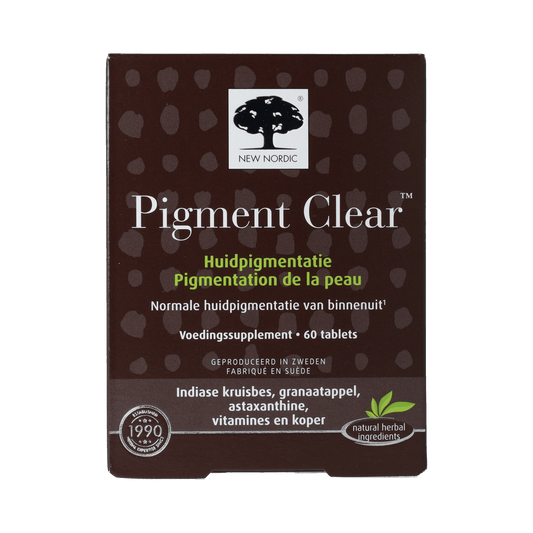 New Nordic Pigment Clear Skin Care herbal supplement tablets in a bottle, featuring natural ingredients for skin health.