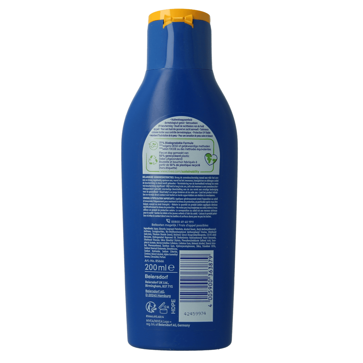 Nivea Sun Protect & Hydrate SPF50 sun milk bottle, 200ml, with blue cap and label, for sun protection and hydration.