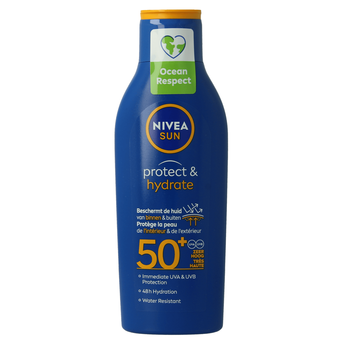 Nivea Sun Protect & Hydrate SPF50 suntan lotion in 200ml bottle, moisturizing sun protection product from Nivea Sun.