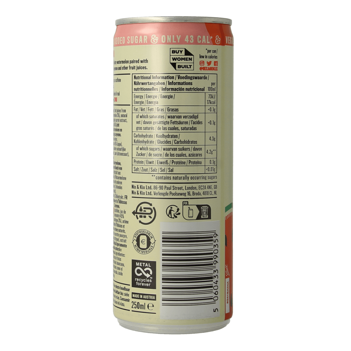 Nix & Kix Watermelon Hibiscus drink in a 250ml aluminum can, refreshing beverage with vibrant watermelon and hibiscus flavor.